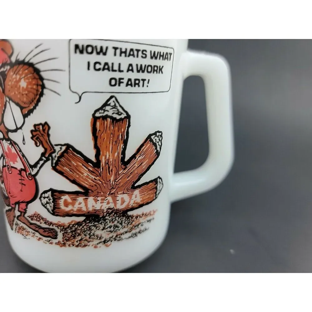 Vintage Federal Glass Mug White Milk Glass CANADA Beaver Maple D Handle